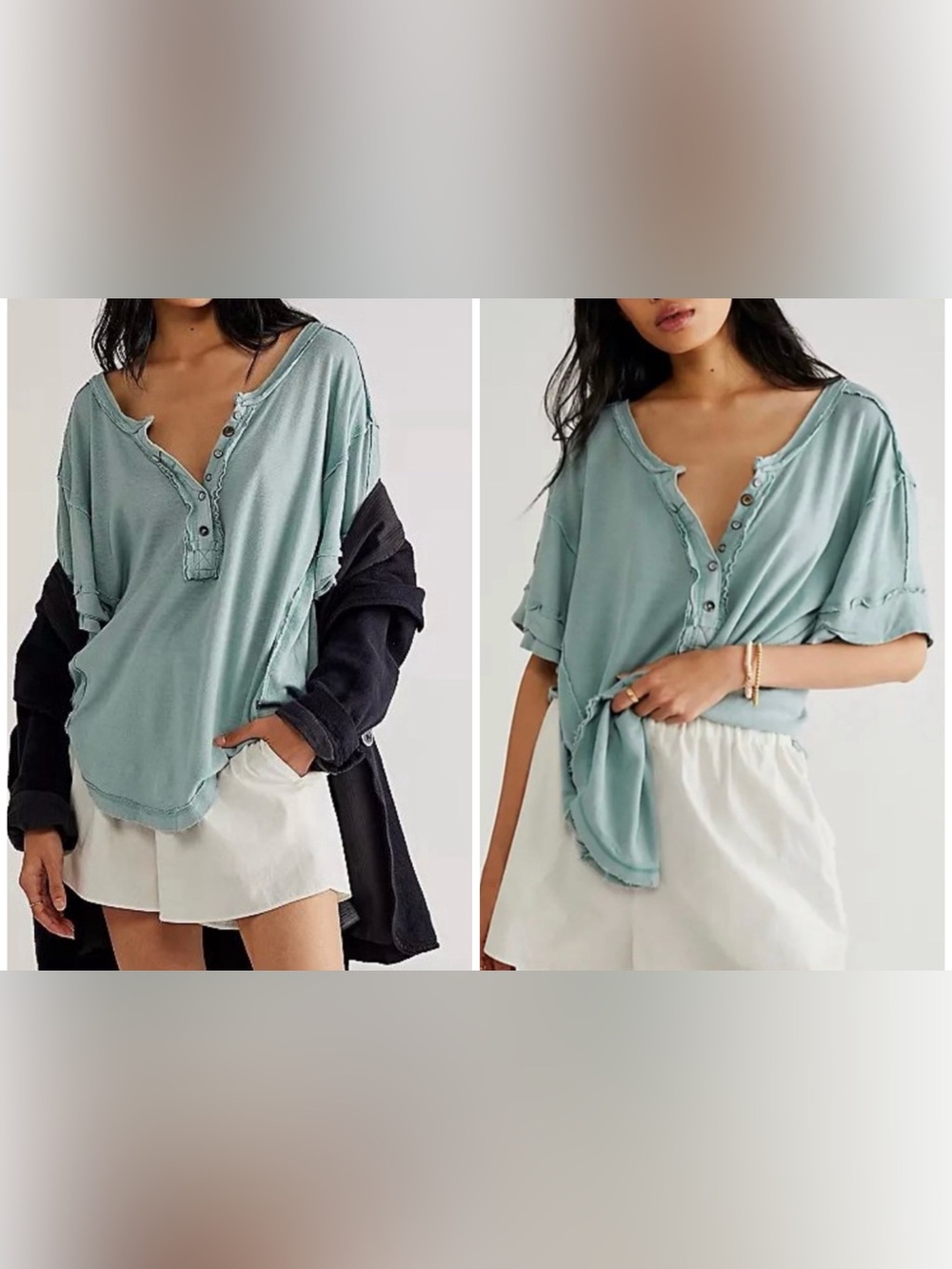 Free People Washed Sage Green Button Henley Short Sleeve Tee - Picture 1 of 8